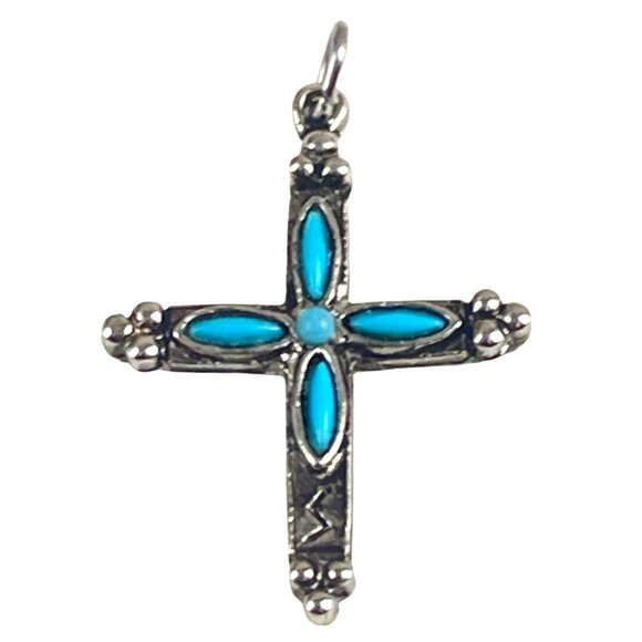 Vintage Silver Cross Pendant Faux Turquoise Inlay Accents Religious Charm Jewelr - Picture 1 of 6